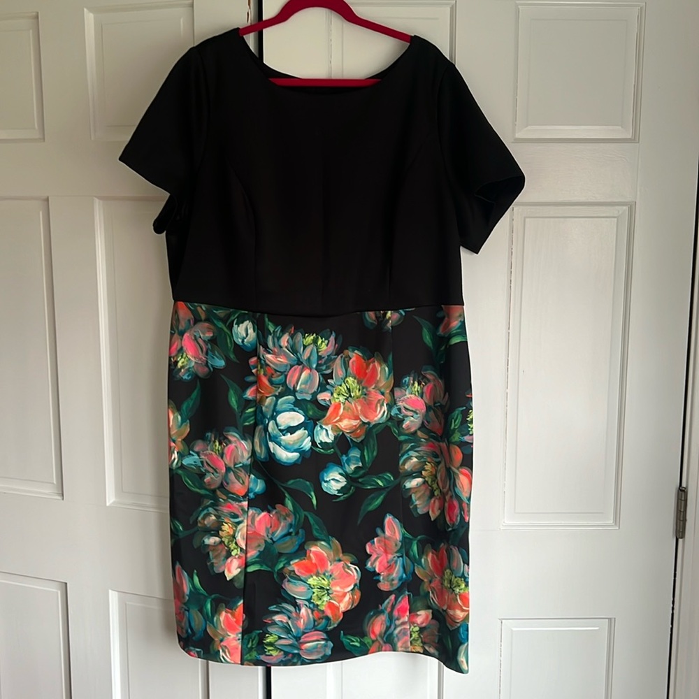Adrianna Papell Black Dress with Vibrant Floral Skirt